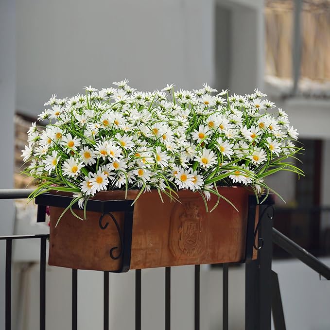 4 Bundles Artificial Silk Daisy Flowers Fake Daisies Plastics Plants Flower Faux Wildflowers Outdoor UV Resistant for Home Decor Indoor Outside Porch Patio Garden Planters Decoration (White)