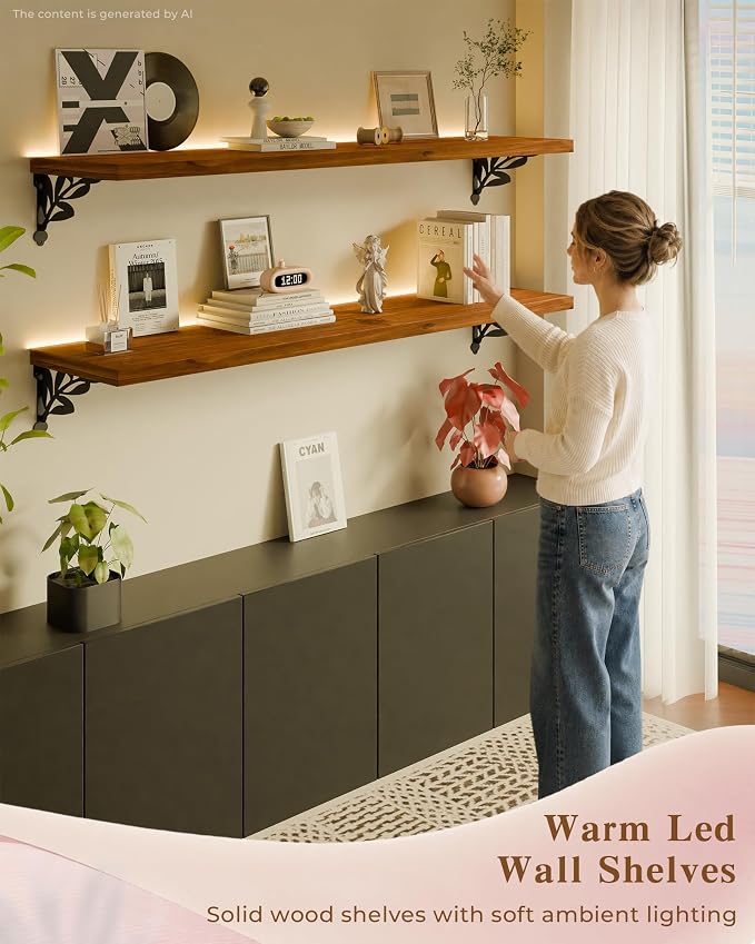 48 Inch 2 Tier Solid Wood Floating Shelves with LED Light, Metal Brackets | 48 inch solid pine shelves, 2 tier, warm LED light, walnut finish, metal brackets for books and decor