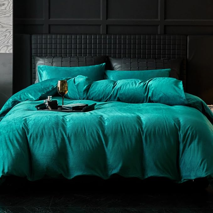 WARMDERN Teal Blue Flannel Velvet Duvet Cover King Size Duvet Cover Bedding Sets, 3pcs Ultra Soft Luxury Textured Modern Crystal Velvet Duvet Covers with Zipper Closure(Teal Blue, King)