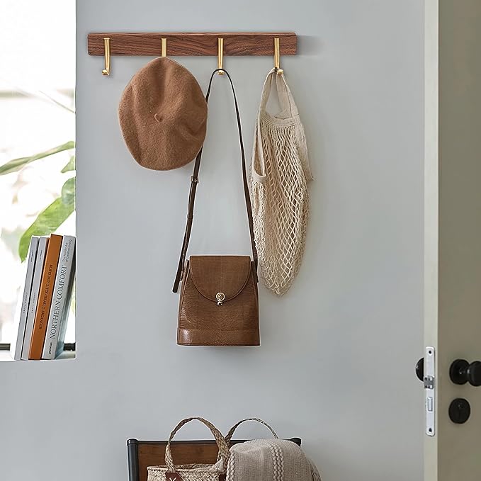 Wall Mounted Coat Rack, Entryway Hanging Coat Rack, Metal Wood Coat Rail with 4 Rustic Hooks Rail for Coat, Scarf, Bag, Towel, Key, Cap, Hat, Walnut Gold Matt