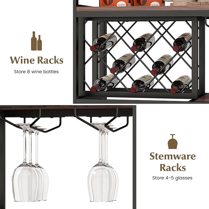 GOFLAME 3-Tier Bar Cart, Industrial Serving Cart with Wine Racks & Glass Holders, Convenient Handle, Rolling Beverage Cart with Metal Frame for Kitchen, Dining Room, Living Room, Brown