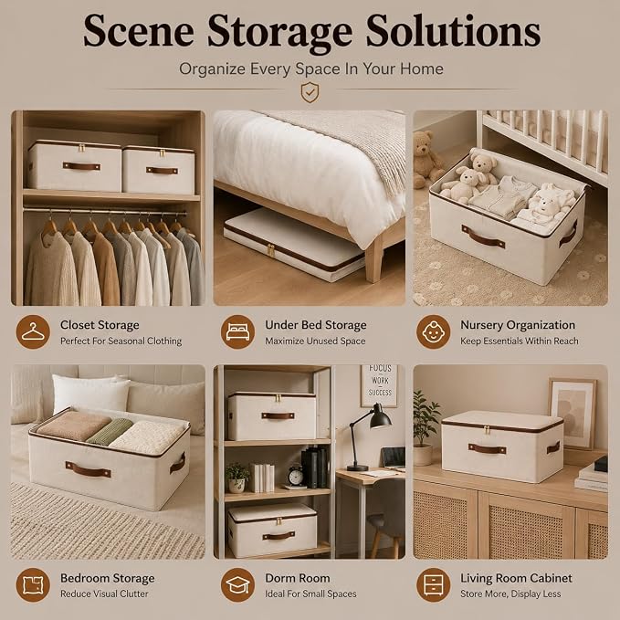 Tuza 3 Pcs Rigid Storage Bins with Zipper Lid, Cotton Linen Fabric Storage Boxes, Foldable Shelves Clothes Storage Cubes with Handles for Wardrobe, Closet(Beige, 15L)