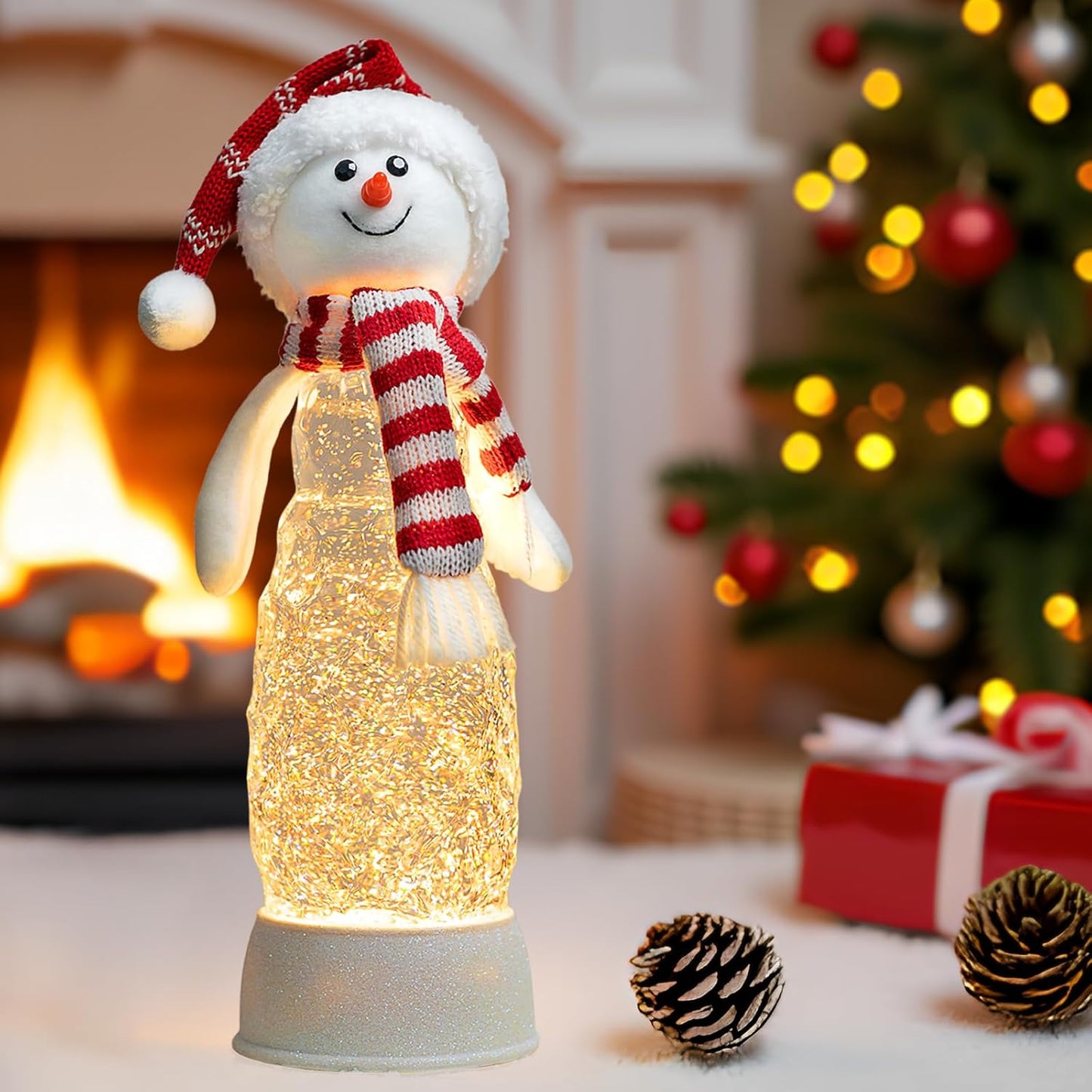 Christmas Snow Globes Lantern Musical Lighted Water Lantern Snow Globe Colorful Swirling Glitter Snowglobes with 6H Timer USB Operated Snowglobe Christmas Decoration for Home & Gift - Red Hat