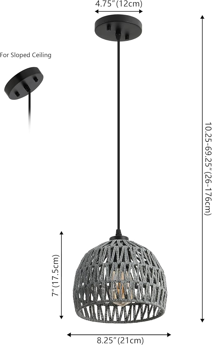 JONATHAN Y 8.25" Gray Modern Bohemian Woven Rope LED Pendant Light Fixture, Adjustable Dome Ceiling Lamp for Kitchen Island, Rope Shade, Coastal Farmhouse Decor (JYL6512D)