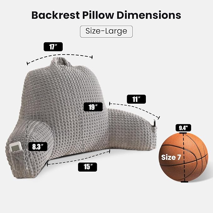Reading Pillow with Arms for Bed Sitting,Gray Flannel | Large Supportive Backrest with Arms Helps Ease Neck,Shoulder & Arm Strain While Gaming Reading or Watching TV