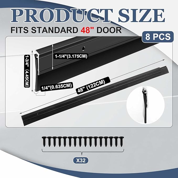 FoldTier 8 Pcs All-Season Door Sweep for Bottom of Door Exterior and Interior, Aluminum Alloy and Rubber, Commercial Weather Stripping Draft Stopper for Threshold Seal (1-3/4 x 36 Inch,Black)