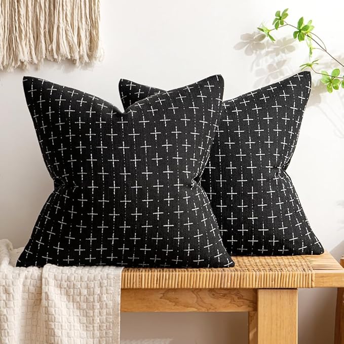 MIULEE Pack of 2 Decorative Burlap Linen Euro Sham Throw Pillow Covers Modern Farmhouse Vintage Pillowcase Rustic Woven Textured Cushion Cover for Sofa Couch Bed 26x26 Inch Black