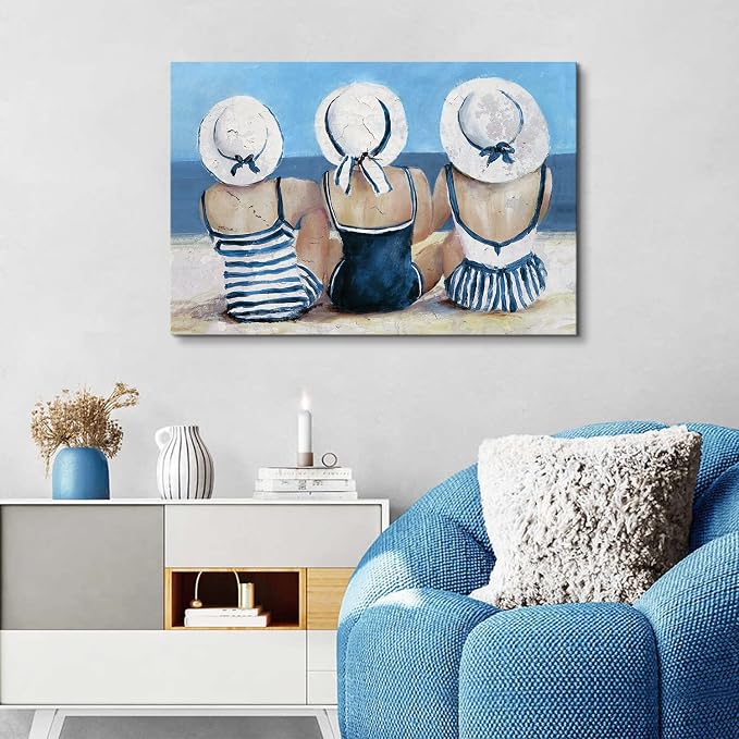Navy Blue Coastal Canvas Wall Art Beach Wall Decor for Girls Bedroom Rustic Ocean Landscape Painting Bathroom Picture Nautical Seaside Swimsuit Poster Artwork Living Room Kitchen Decoration 20x30"