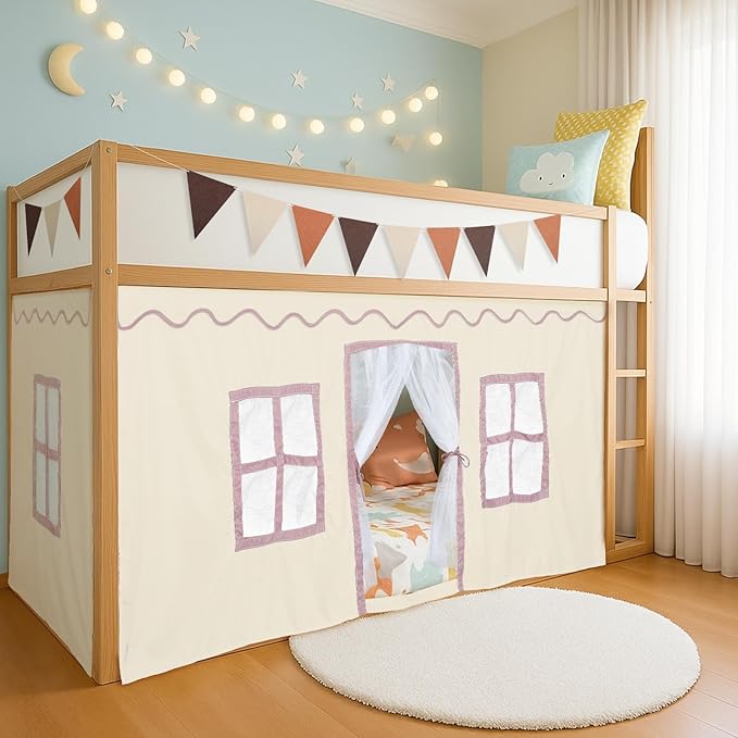 Breling 3 Panel Bunk Bed Curtains for Bottom Loft Bed Tent Set with Felt Flag Double-Layer Twin Bunk Curtains Playhouse Accessories for Boy Girl Bedroom(Cream)