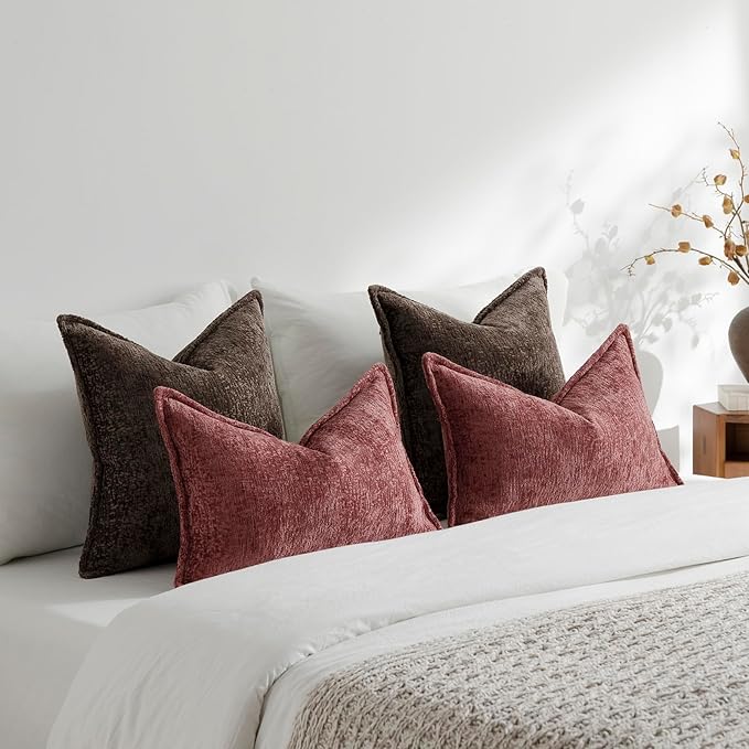 DEZENE Pack of 2 Chocolate Brown Decorative Throw Pillow Covers 24x24 Cozy Soft Chenille Accent Vintage Square Couch Pillow Covers for Home Decor Bed Sofa Living Room