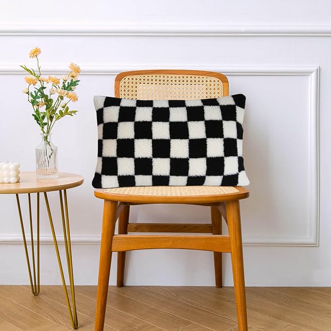 AmHoo Pack of 2 Decorative Throw Pillow Covers Checkerboard Luxury Super Soft Faux Fur Wool Set Case Cushion for Couch Sofa Bedroom 12 x 20-Inch Black