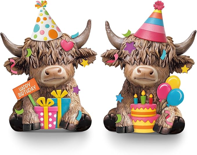 Karenhi 2 Pcs Birthday Highland Cow Figurines, Resin Cow Gnomes Party Hat Gifts Balloons Cake Farmhouse Scottish Resin Statue Calf Lovers Gifts for Home Garden Kitchen Office Tiered Tray Table Decor