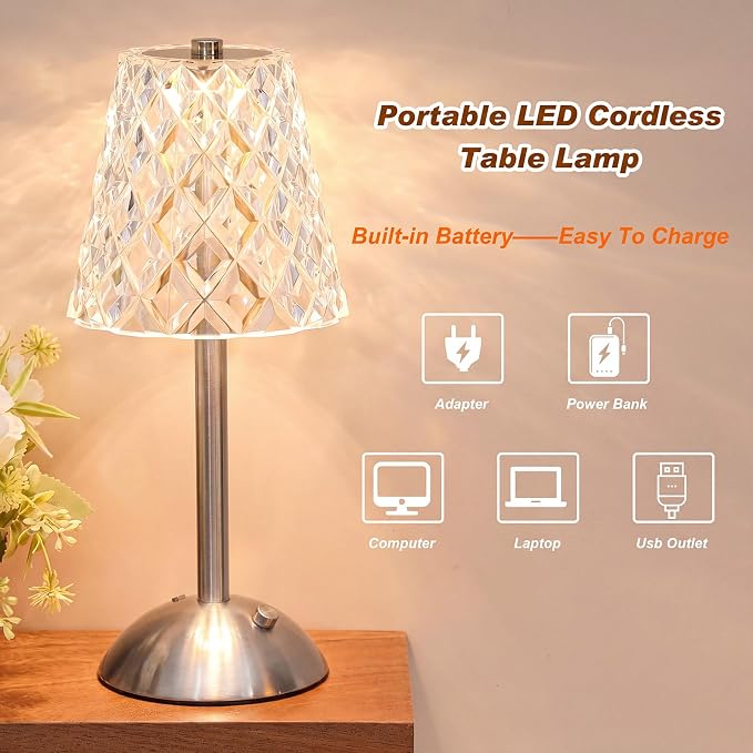 Liliful 2 Pcs Cordless Table Lamp Rechargeable Touch LED Small Gold Portable Battery Operated USB-c Desk Lamp 3 Color Dimmable for Bedroom Living Room Dining (Silver,Diamond Style)