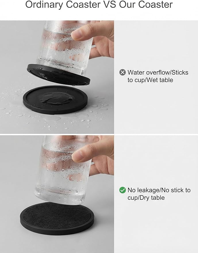 Absorbent Coasters for Drinks with Holder - 6packs, Silicone Coaster with Soft Felt Insert (4.3 inch Coasters with 4.5 inch Holder, Black and White)