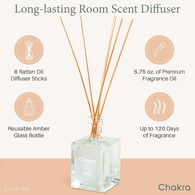 Chakra Reed Diffuser Set - Reed Diffusers for Home, Office and Living Spaces with Long-Lasting Fragrance, Scent Diffuser with Decorative Glass Bottle & Bamboo Sticks, 3.3 fl oz, Jasmine