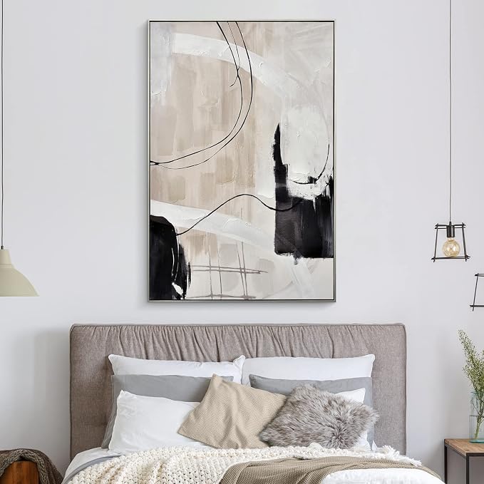 Creoate Framed Wall Art, Abstract Hand Painted Painting Textured Canvas Print Artwork Neutral Wall Art for Bedroom, Living Room Wall Decor, Ready to Hang, 27.5x41.5 Inch