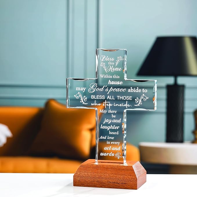 Ornalrist Housewarming Gifts New Home Glass Stand Cross Religious Keepsake with Multicolor LED Wooden Base, House Warming Gift for Couples, Women, Men - Christian Families Decor