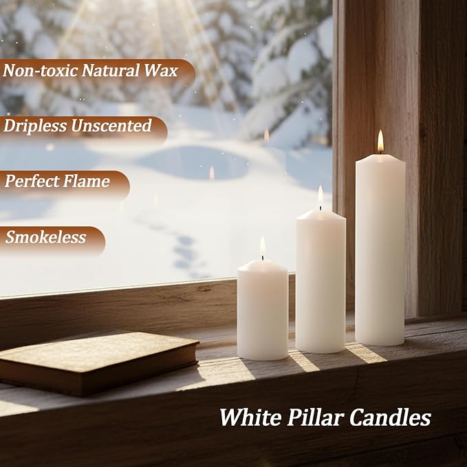 36 Pcs White Pillar Candles Bulk Set，3 Different Lengths 2 x 3/4/6 Inch (12 Each)，Hurricane Candles，Dripless Unscented Smokeless，Gives You a Better Atmosphere When Organizing an Event Party.