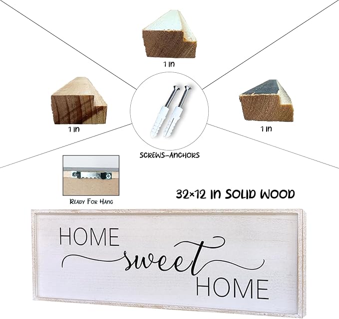 Home Sweet Home Sign Wall Decor 32”X12” Master Family Room Above Bed Beautiful Living Room Above Couch Sign Large Rustic Farmhouse Wood Framed Entryway Hanging Wall Art Decoration (White)