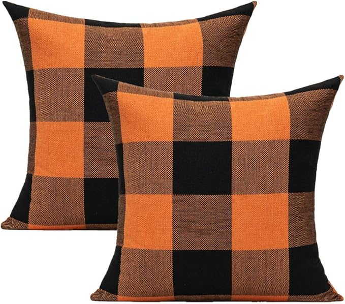 VAKADO Halloween Orange and Black Buffalo Plaids Decorative Throw Pillow Covers Fall Farmhouse Classic Retro Rustic Square Cushion Cases Home Decor for Sofa Couch Patio Outdoor 18x18 Set of 2