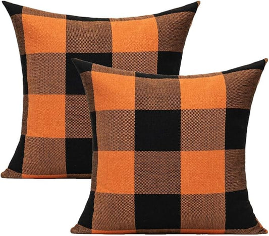 VAKADO 20x20 Set of 2 Halloween Orange and Black Buffalo Plaids Decorative Throw Pillow Covers Fall Farmhouse Classic Retro Rustic Square Cushion Cases Home Decor for Sofa Couch Patio Outdoor
