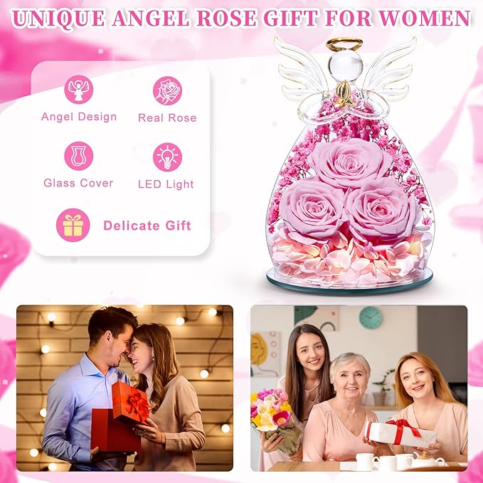 Beferr Mothers Day Mom Birthday Gifts for Women, Fresh Flowers for Delivery Forever Preserved Rose in Glass Angel Figurine, Anniversary Christian Real Rose for Grandma Nana Wife Mum from Daughter Son