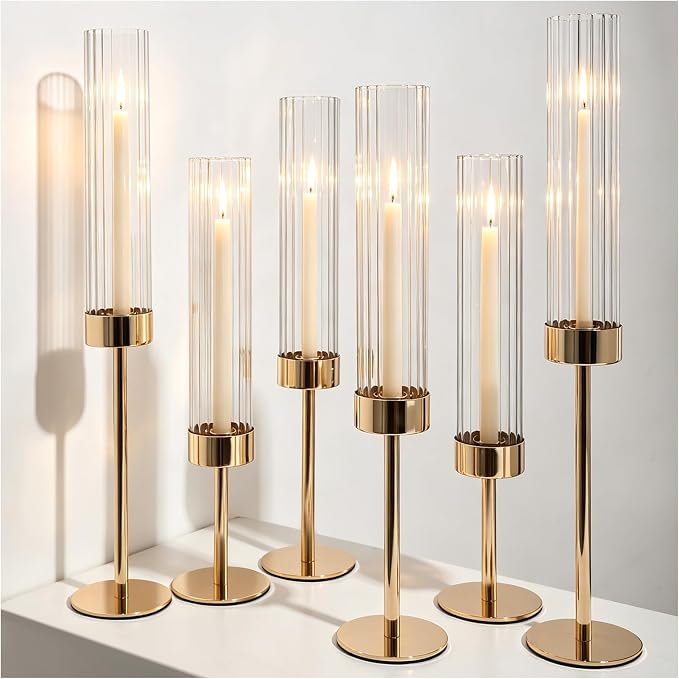 Gold Hurricane Taper Candle Holders,2 Sets(6 Pcs) Brass Tall Candlestick Holders with Ribbed Glass Cylinder, Table Centerpiece Decor for Wedding, Party, Halloween,Christmas & Home Decoration