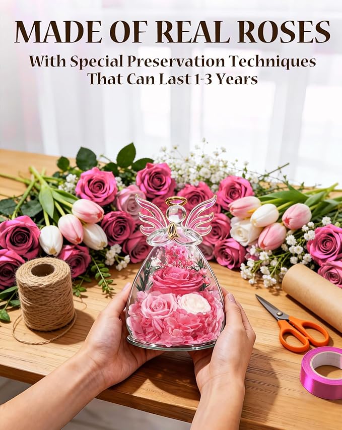 homeasy Roses Gifts for Women Birthday, Preserved Flowers Rose in Glass Angel Figurines, Forever Fresh Flowers for Delivery Gift Box with 3D Card for Wife Mom Her Grandma-Pink