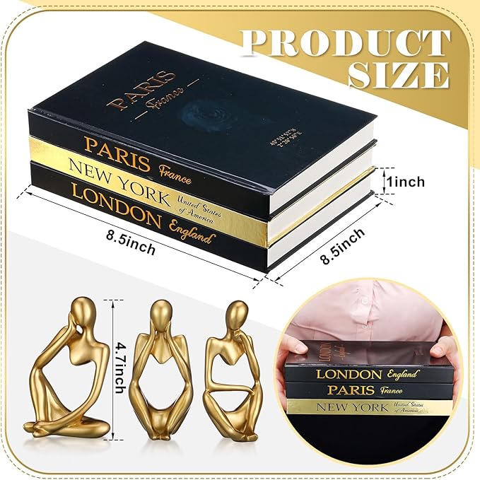 Feifeiya 6 Pcs Gold and Black Color Decorative Book & Thinker Statue Set - 3 Books Accents 3 Thinker Abstract Art Sculpture Home Decoration for Living Room Bookshelf Table Decor