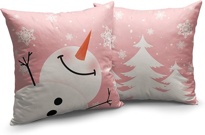 Pink Christmas Snowman Pillow Covers 16x16 Set of 2 Xmas Tree Snowflakes Decorative Pillow Covers Winter Farmhouse Pillowcase for Holiday Decorations Living Room Party