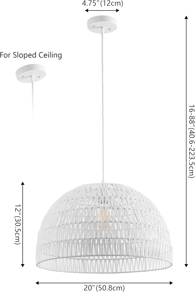 JONATHAN Y 20" White Modern Bohemian Woven Rope LED Pendant Light Fixture, Adjustable Dome Ceiling Lamp for Kitchen Island, Rope Shade, Coastal Farmhouse Decor (JYL6504E)