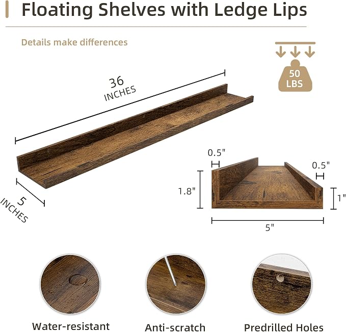Acovy 36 inch Picture Ledge Shelf, Wood Floating Shelves, Brown, Set of 2 | Photo Ledge, Wall Mounted, For Nursery Book Living Room Kids' Room Bedroom