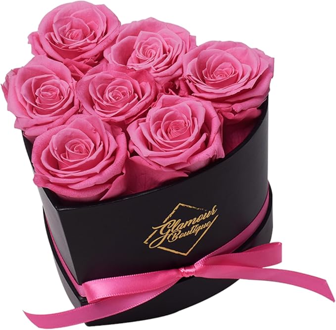 GLAMOUR BOUTIQUE 7 Flower Forever Heart Shape Box, Eternal Preserved Roses Gift for Her, Lasting Flowers, Petite Floral Heart Box for Birthday, Anniversary or Valentine’s Day, Pink (Color-Treated)