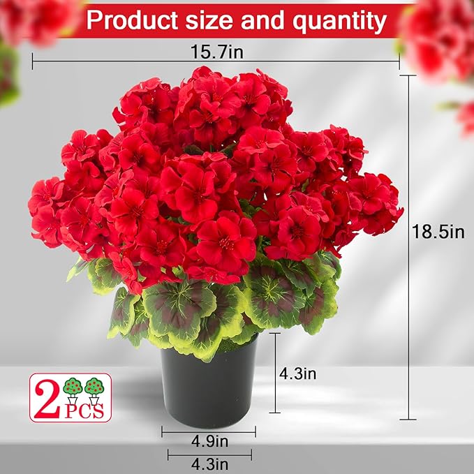 lovemoon 2 Pcs Geranium Potted Artificial Flowers, 19" Fake Geraniums Plants UV Resistant Silk Potted Plants for Outdoor Home Décor Office Porch Garden Decor (2, Red)