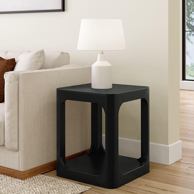 Plank+Beam Modern Rounded Square Side Table with Shelf, Solid Wood End Table for Living Room, 20in, Black