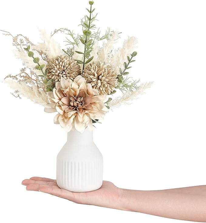 Mkono Small Artificial Flowers in Ceramic Vase 12.5" Centerpieces Coffee Table Decor, Silk Flower Arrangements for Home Decor Indoor Fake Flower Bouquet for Bathroom Dining Room Kitchen Wedding Brown