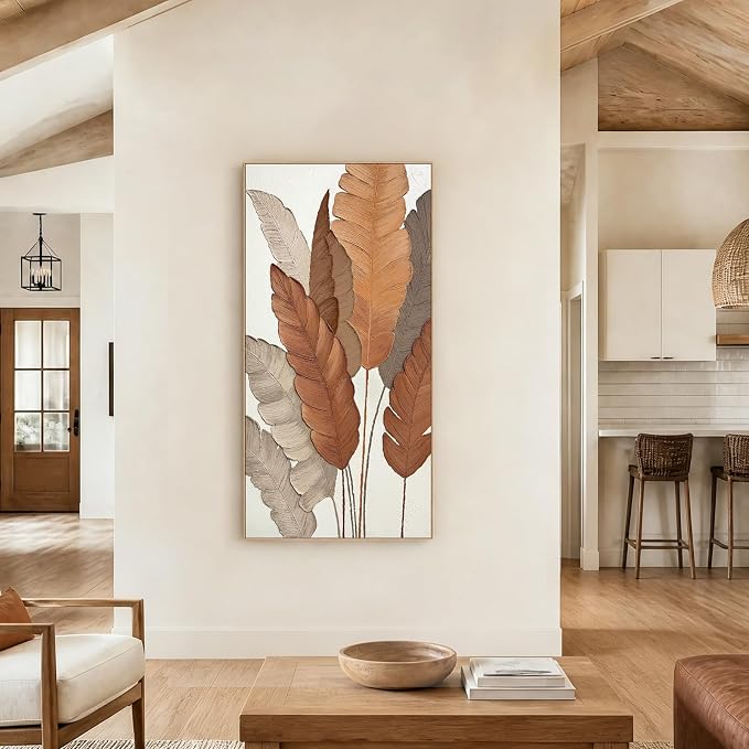 SAFERRYHOME Large 3D Leaves Hand Painted Wall Art, Textured, 27"x58" | Modern Textured Plant Framed Canvas Wall Decor, Contemporary 3D Leaf Painting Minimalist Artwork for Home Office Living Room