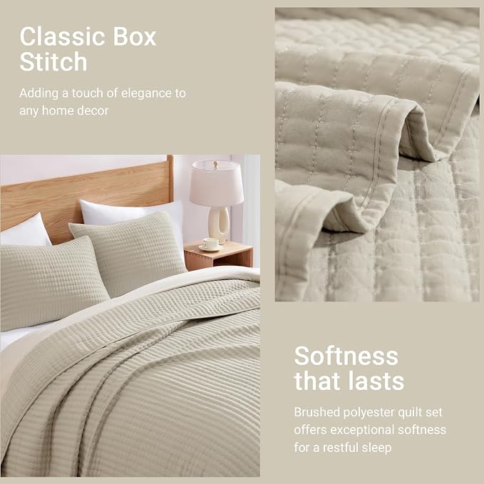 WRENSONGE Queen Quilt-3 Pieces Neutral Lightweight Bedspreads Light Oatmeal Queen Size Quilt Bedding Set for All Seasons, Soft Summer Coverlet with 2 Pillow Shams Suitable for Bed & Couch