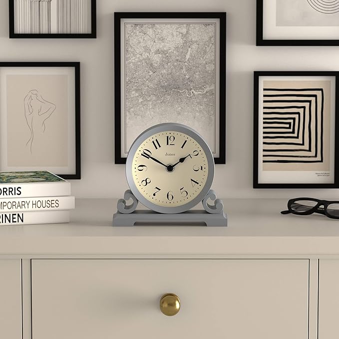 JONES CLOCKS® Saloon Mantel Clock | Small Traditional Double Scroll Design | French Navy | Contemporary Classic Style for Desk, Table, Shelf or Bedside