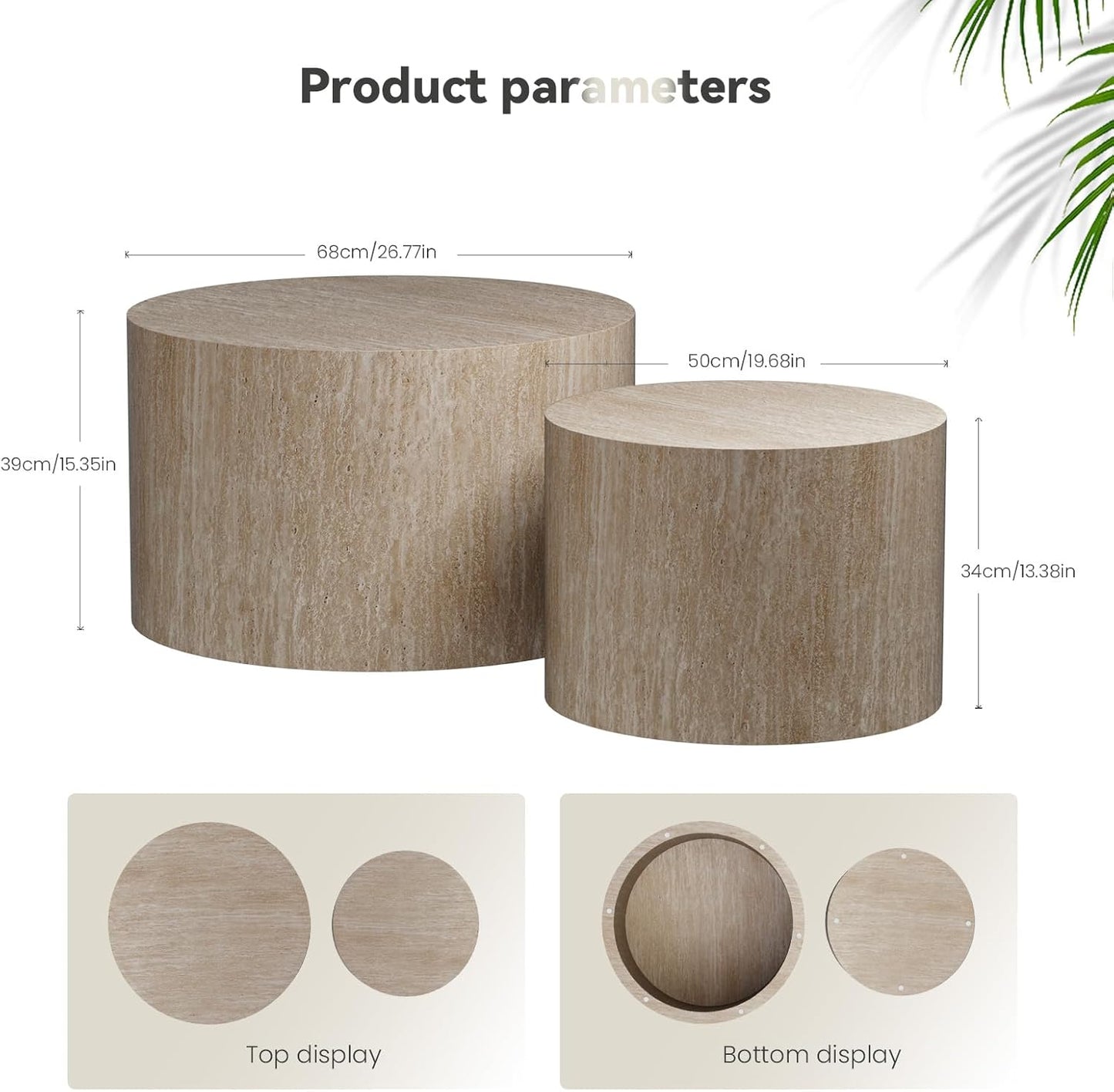 Round Nesting Coffee Table, Drum Wood Coffee Table Set of 2 Travertine-Color, Modern Nesting Tables Circle Center Table 2 Piece for Small Spaces Living Room Bedroom Balcony Office, No Assembling