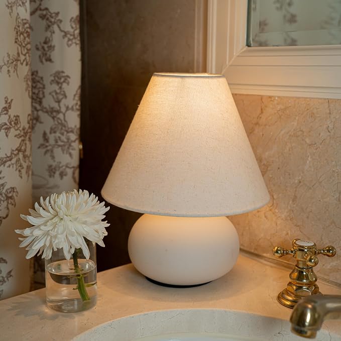 11" Small Table Lamp – Handmade Round Ceramic Cream Base with Off-White Fabric Shade, Dimmable Plug-in Nightstand or Accent Light – Organic Boho Japandi Decor for Bedroom or Small Spaces