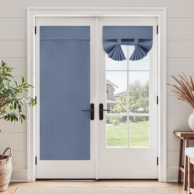 HOMEIDEAS Classroom 100% Linen Blackout French Door Curtains, Classroom Door Window Cover, Privacy Shades Thermal Insulated Small Window Covering, 1 Panel, W8 X L36 Inch, Stone Blue