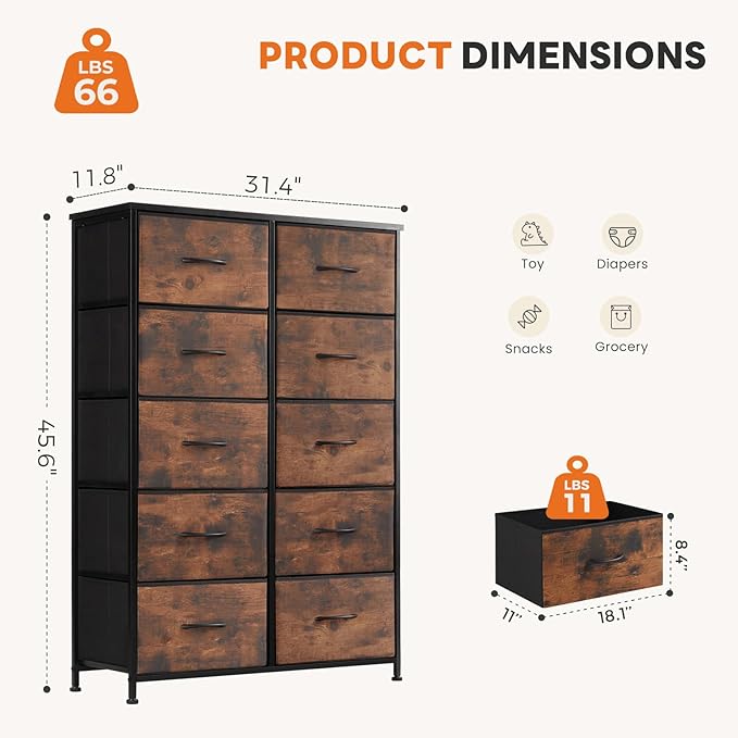 OLIXIS 10 Drawer Tall Dresser with Fabric Bins for Bedroom, Fabric Storage Tower Organizer for Closet Living Room Hallway, Double Chest of Drawers with Steel Frame Wood Top,Black-Brown