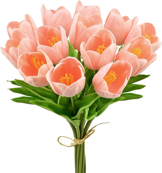 Mandy's Light Pink Partially Open Artificial Tulips Flowers Centerpiece, 13.5" Lifelike PU Fake Floral Stems 12pcs for Kitchen Island & Dining Table, Spring Decor for Easter
