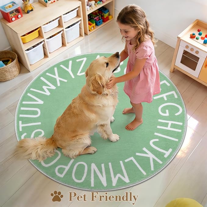 Topotdor Round Kids Play Rug Alphabet Nursery Area Rug Extra Large Soft Crawling Play Mat for Children Toddlers Bedroom (47 inch, Sage Green)