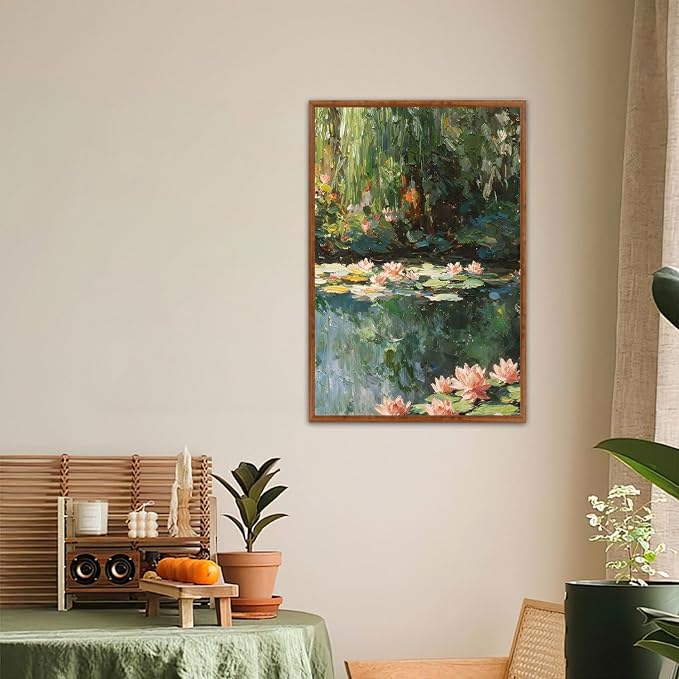 LHIUEM Monet Water Lilies Floral Framed Canvas Wall Art Set,Vintage Impressionist Botanical Wall Decor,Oil Paintings Style Flowers Artwork for Living Room,Bedroom,Dining Room,Office -24"x36"x3