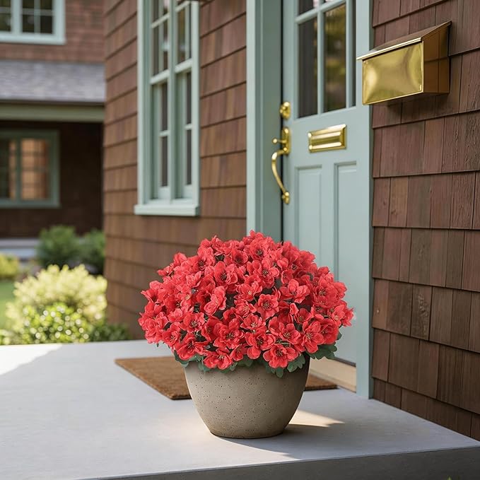 YXZZWL 8 Bundles Artificial Flowers for Front Door, Fake Silk Azalea Bouquet Silk Flowers for Outside UV Resistant Realistic Faux Plants for Planter Farmhouse Patio Garden Walkways Home Decor (Red)