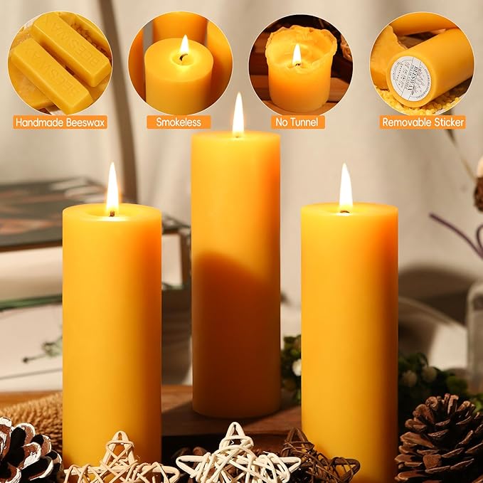 Beeswax Pillar Candles,6 Pack Yellow Pillar Candle,60 Hours Each, 2x6 Inch | Beeswax,Cotton Wick,Organic,Natural,Non-toxic,Unscented,for Home Decor,Fireplace,Emergency,Vigil,Dining,Wedding,Prayer
