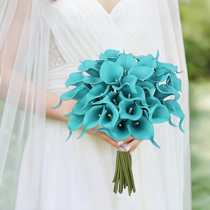 24 Pcs Teal Flowers Artificial Calla Lily Flower Fake Teal Silk Flowers Real Touch for Wedding Bouquet Home Kitchen Decor