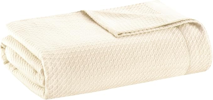 Madison Park 100% Egyptian Cotton Lightweight Summer Blanket, Breathable Waffle Knit Design, Soft Cozy All-Season Throw for Bed, Couch or Sofa, Ivory Cream Twin Size (66"x90")